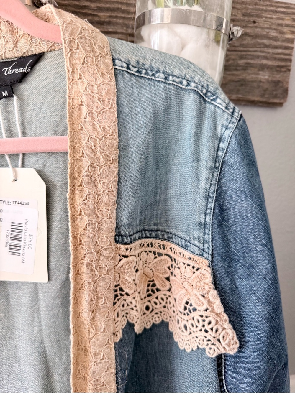 Frayed Lace-Trim Denim Jacket - Blue and Cream - Picture 8 of 10